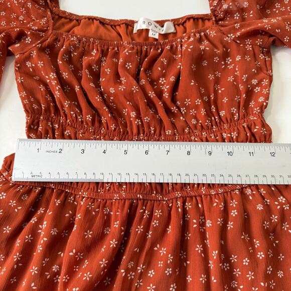 Row A Rust Orange Floral Prairiecore Puff Sleeve Smocked‎ Mini Dress Size M - Picture 9 of 11